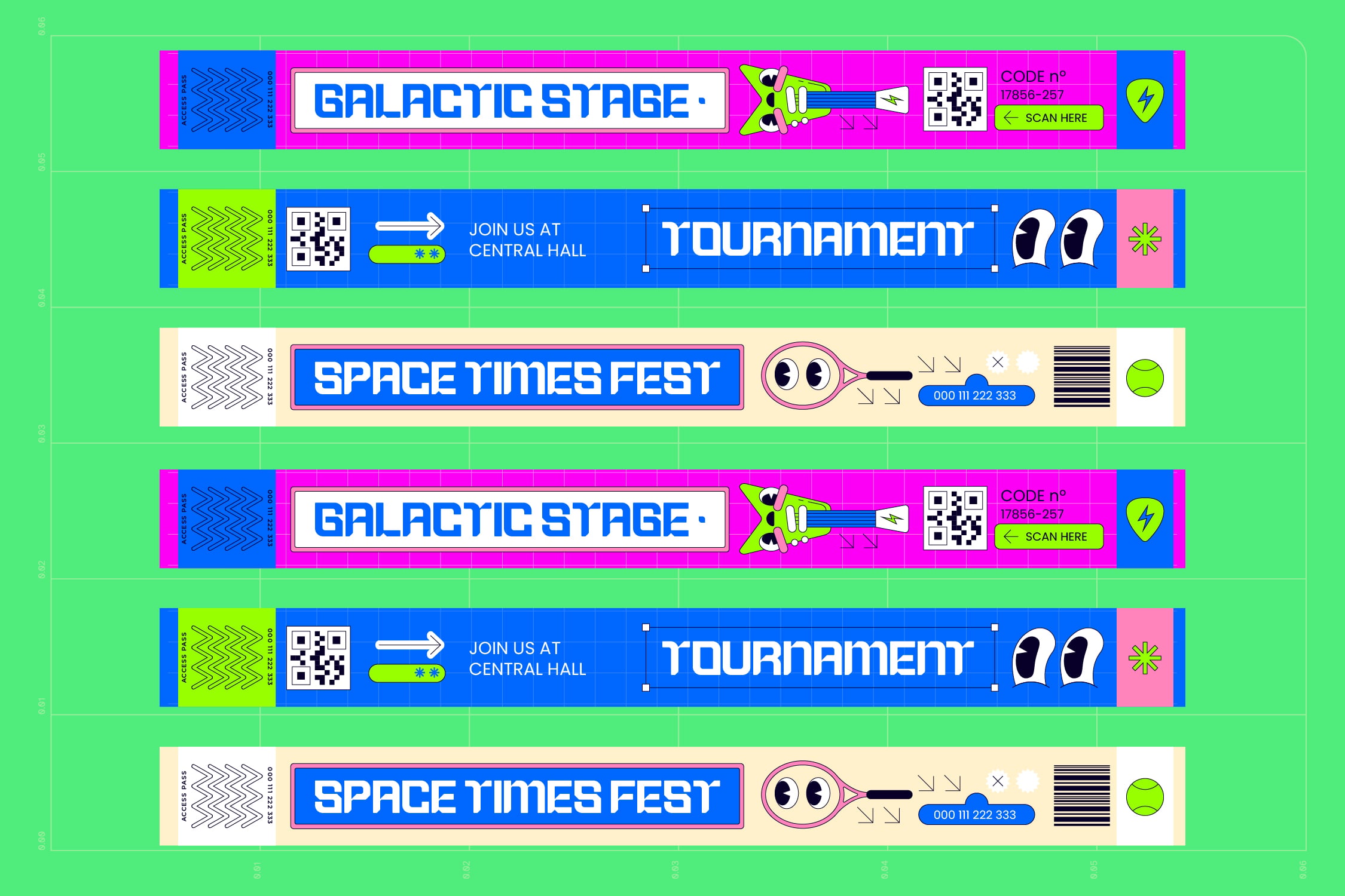 Colorful event wristband designs stacked vertically with QR codes, event names, neon accents on bright green