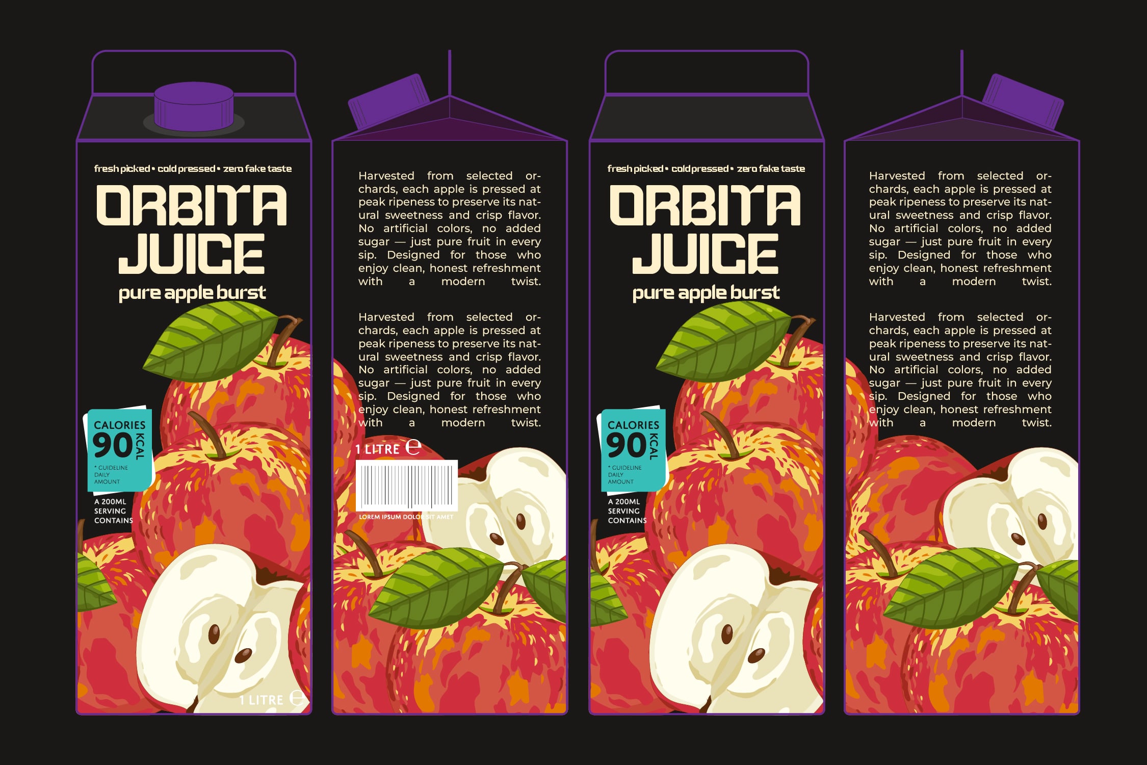 Four juice carton designs featuring red apples, apple slices, turquoise calorie badges, black background mockup