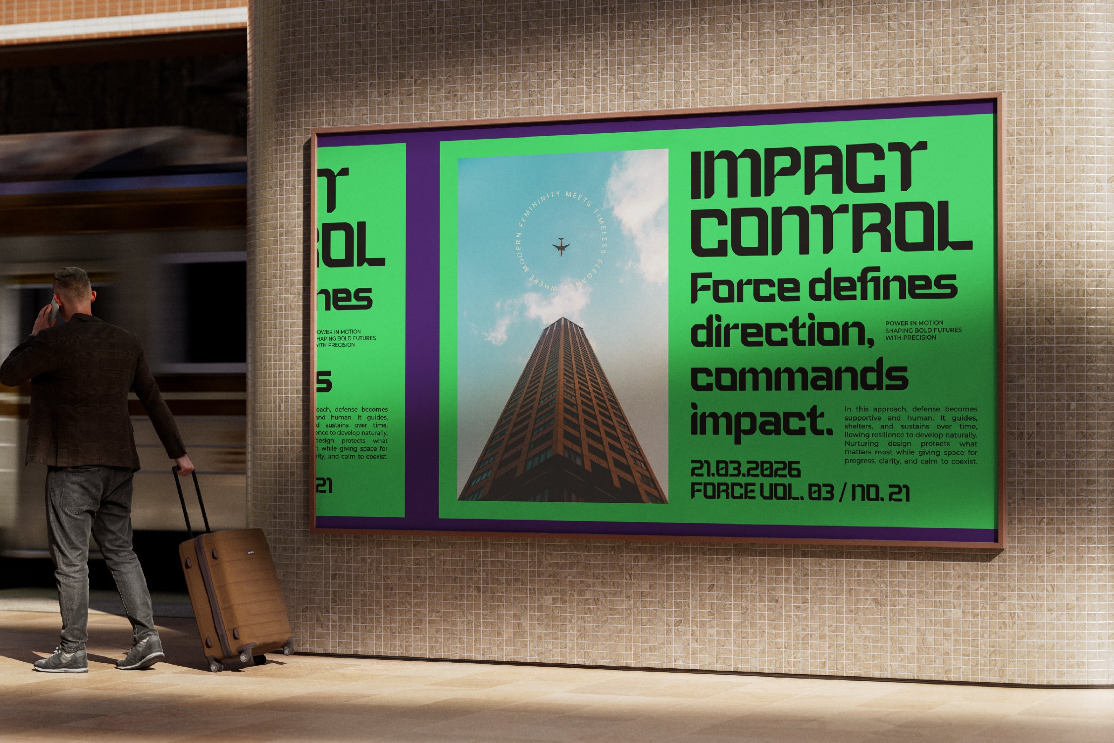 Large billboard mockup in airport terminal with bright green, purple trim, architectural photo, modern sans serif type