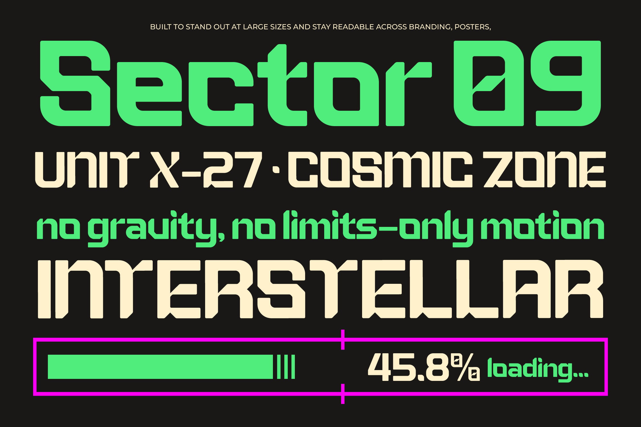 Loading screen graphics with oversized futuristic typography, progress bar, green neon text on dark background