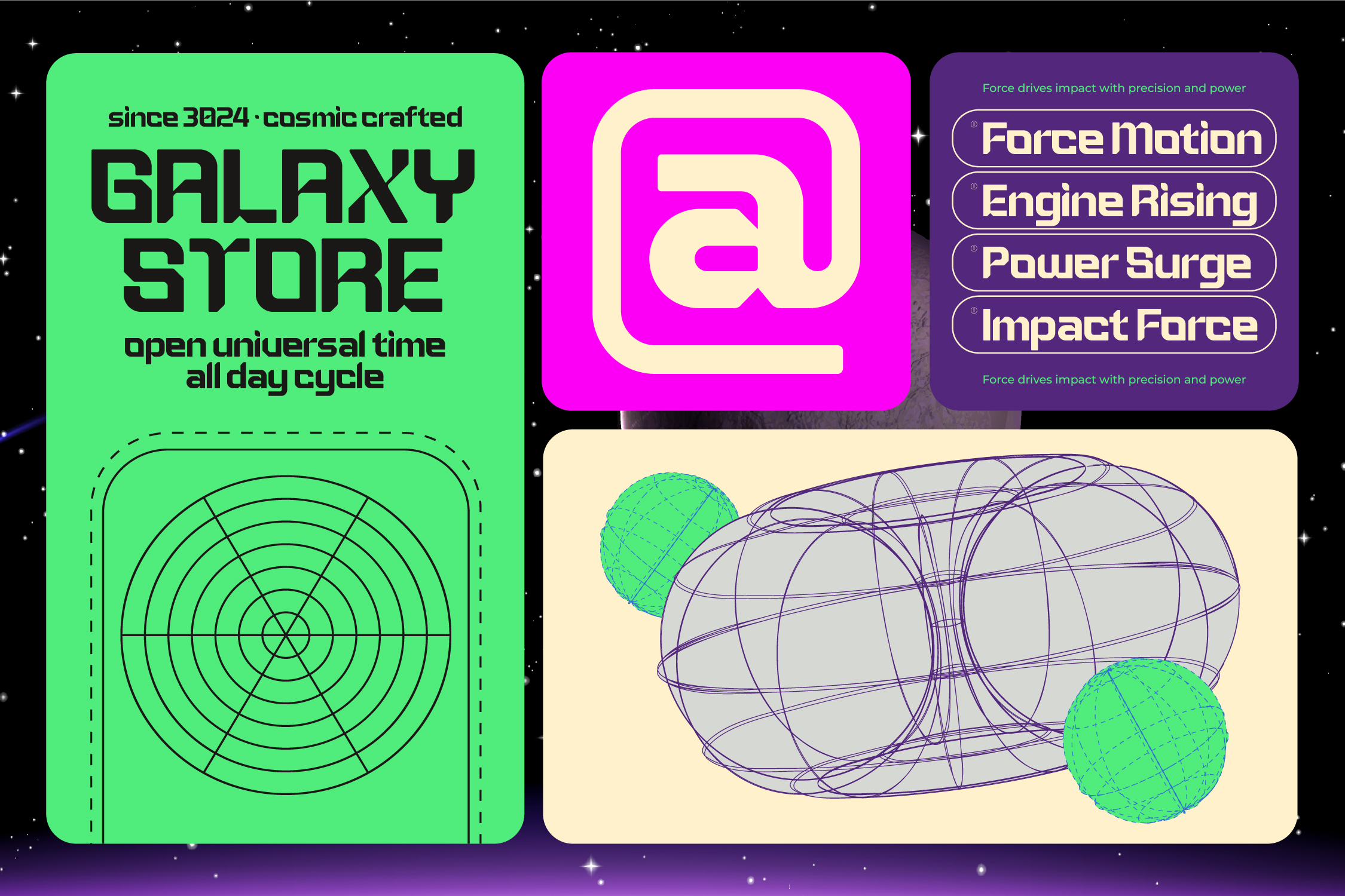 Digital design layout with sci-fi aesthetic featuring geometric shapes, wireframe spheres, neon colors on black space background