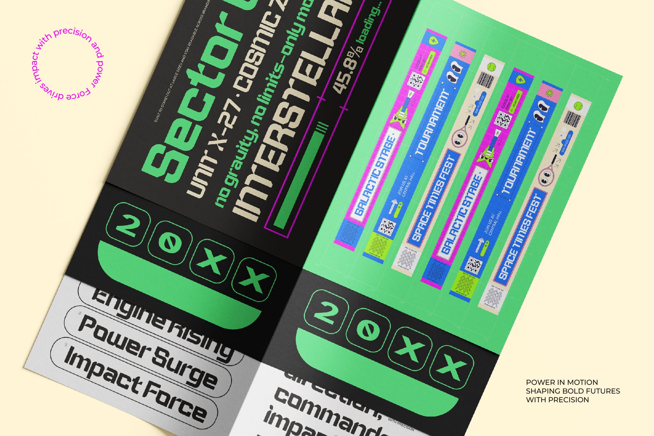 Flat lay of printed materials showing bright neon green, magenta, blue branding across multiple collateral pieces