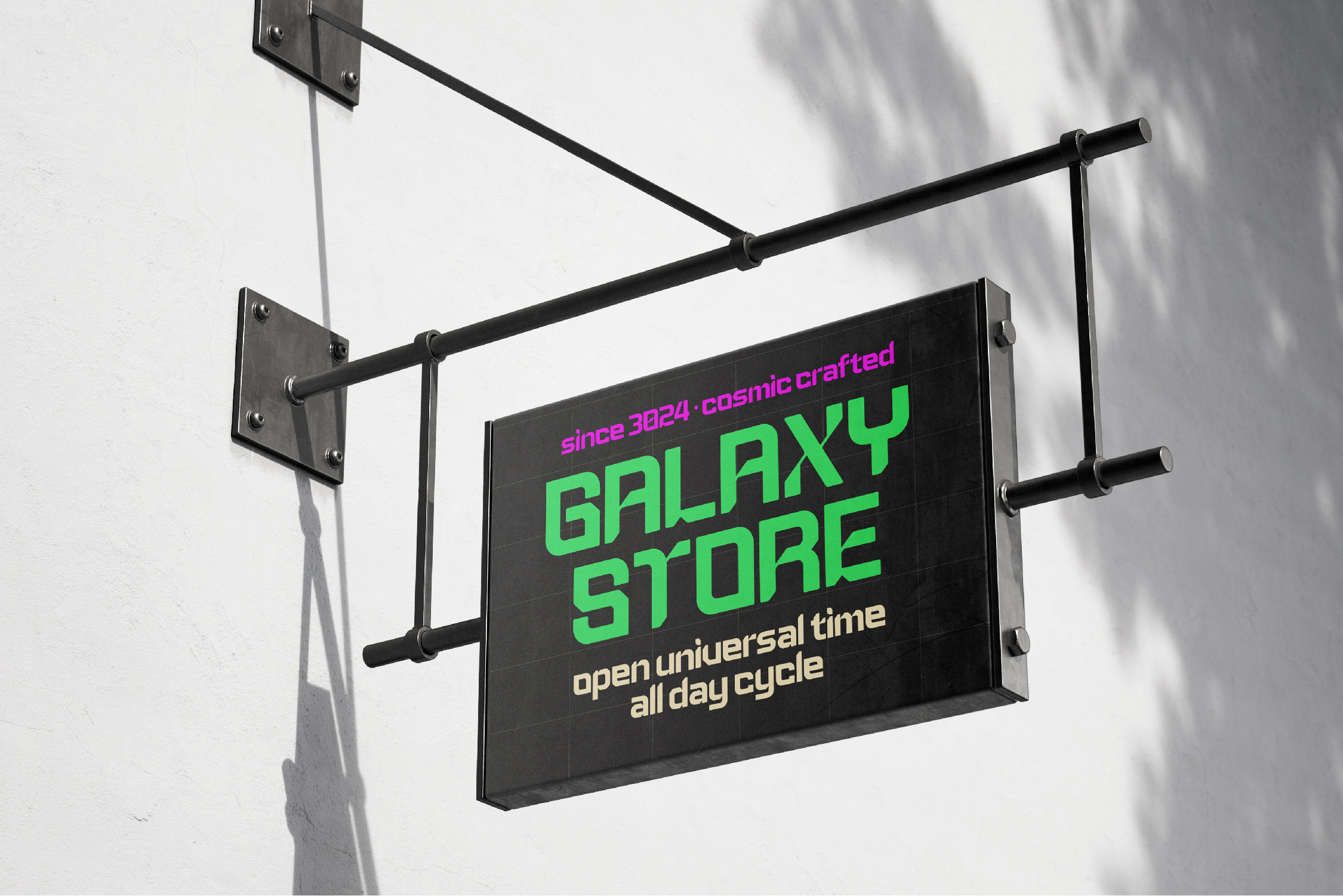 Hanging metal storefront sign for Galaxy Store with neon green lettering on black background