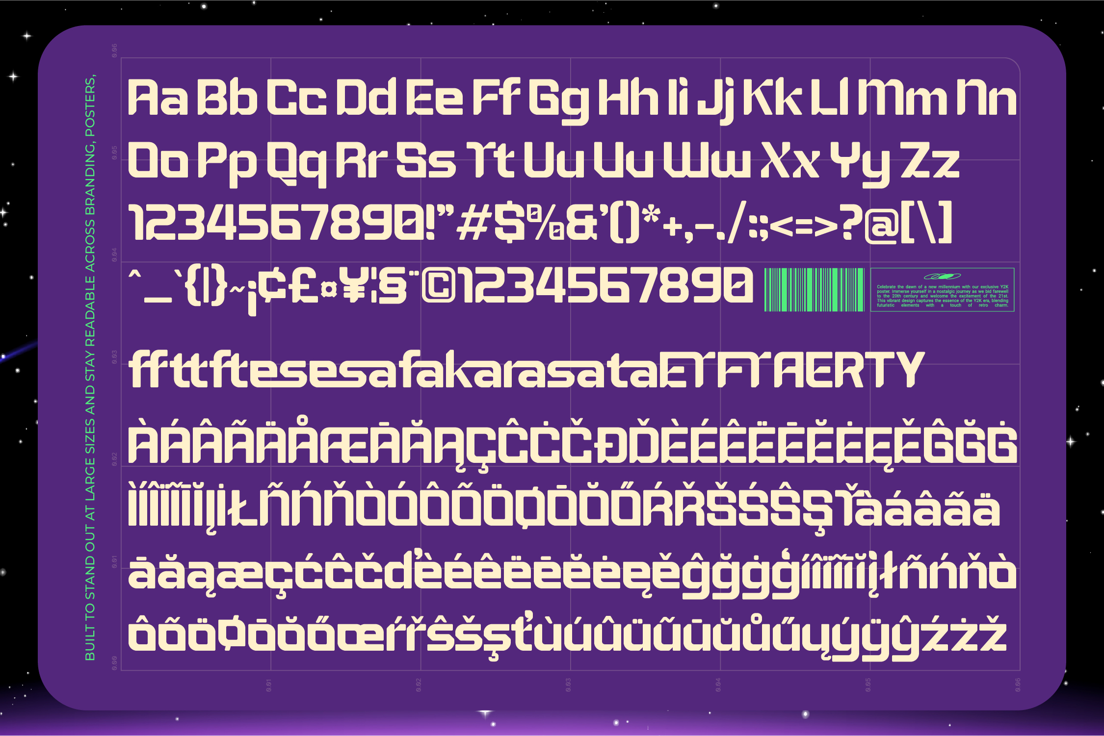 Purple cyber font with full character set including accents, numbers, symbols