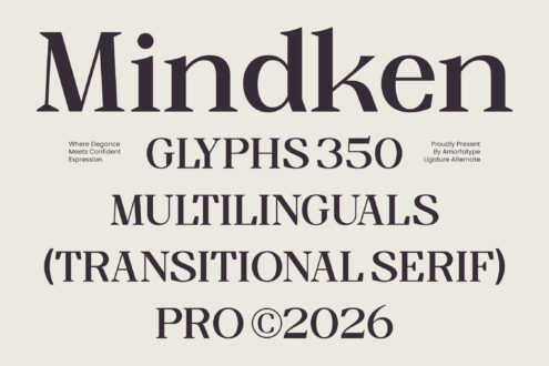 Mindken font specimen showcasing multilingual transitional serif typeface with glyph samples