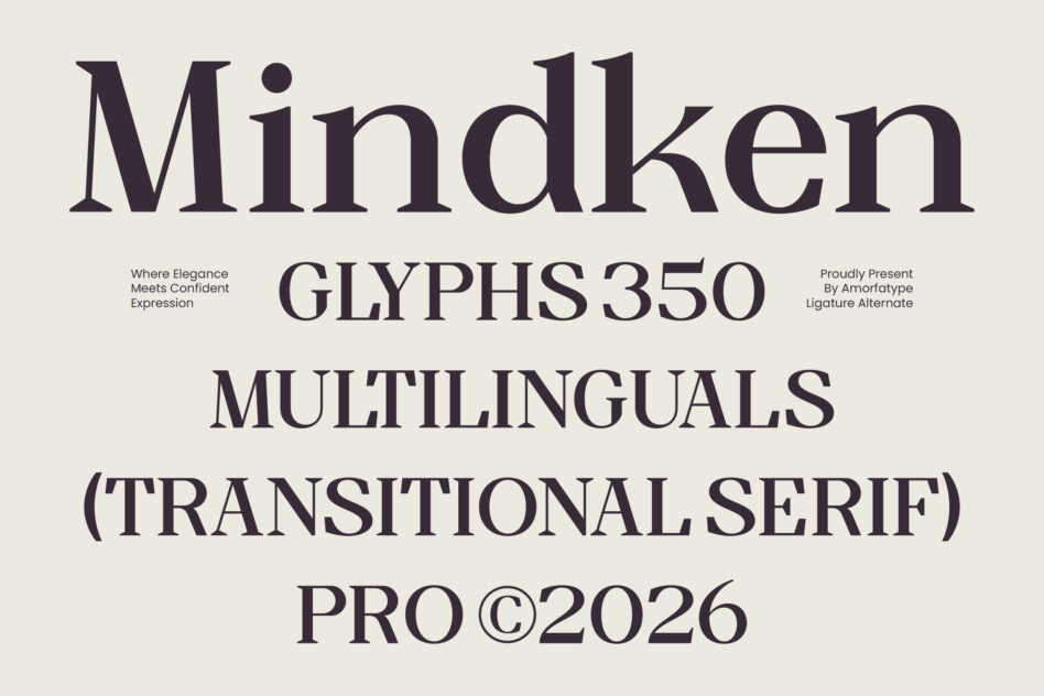 Mindken font specimen showcasing multilingual transitional serif typeface with glyph samples