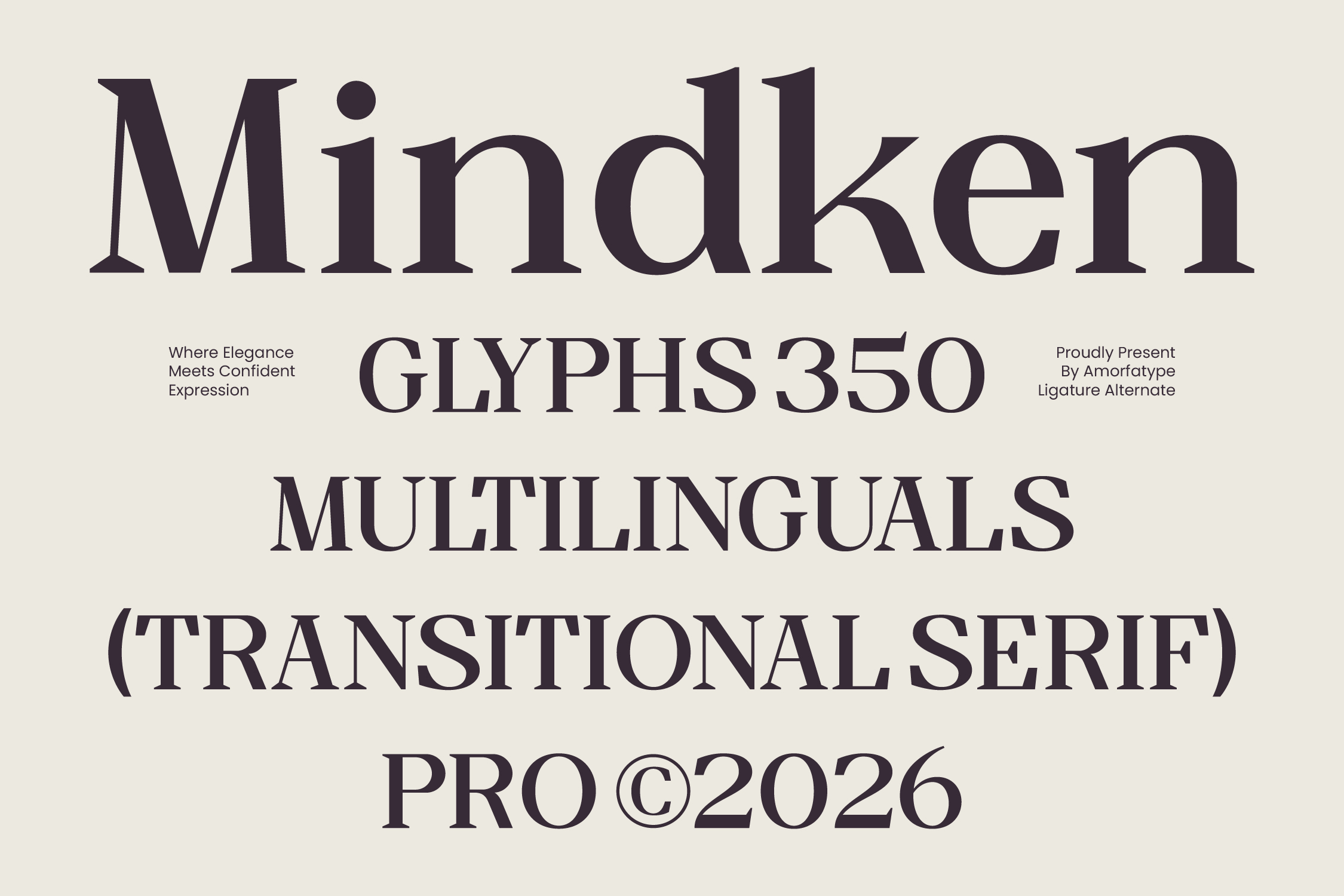 Mindken font specimen showcasing multilingual transitional serif typeface with glyph samples