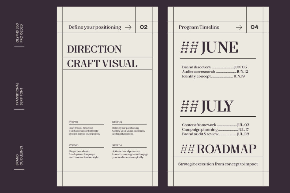 Brand guidelines document spread showing direction steps, June July timeline layout with grid