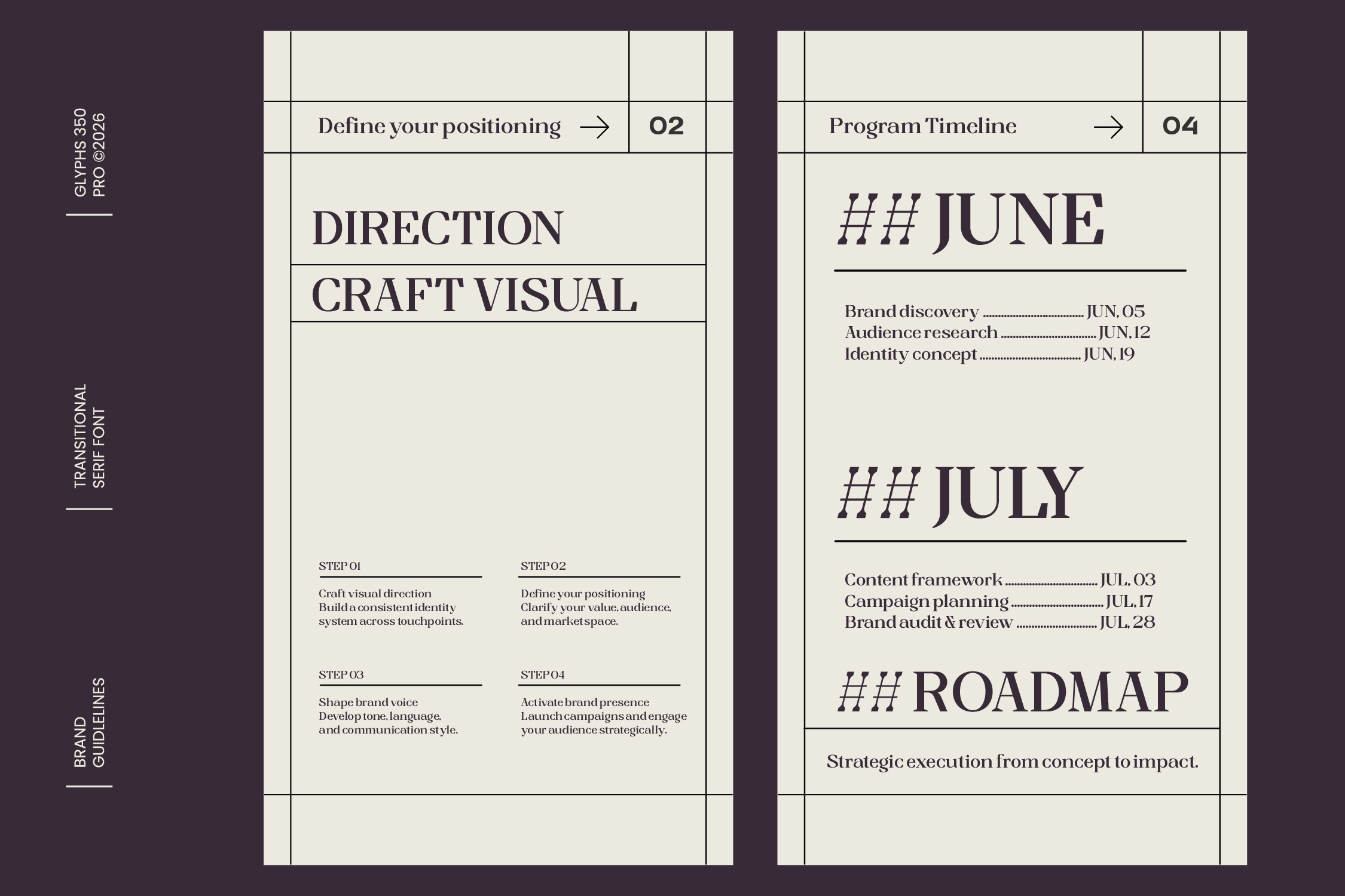 Brand guidelines document spread showing direction steps, June July timeline layout with grid