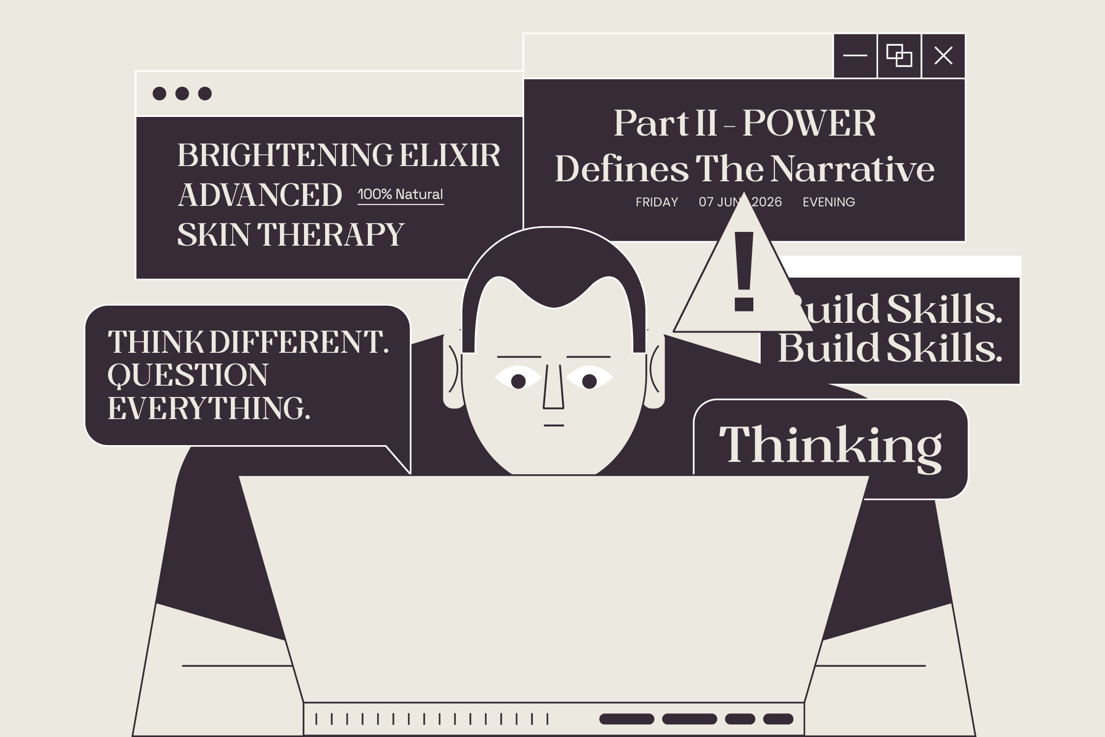 Desktop browser mockup with overlapping content cards featuring thinking person illustration