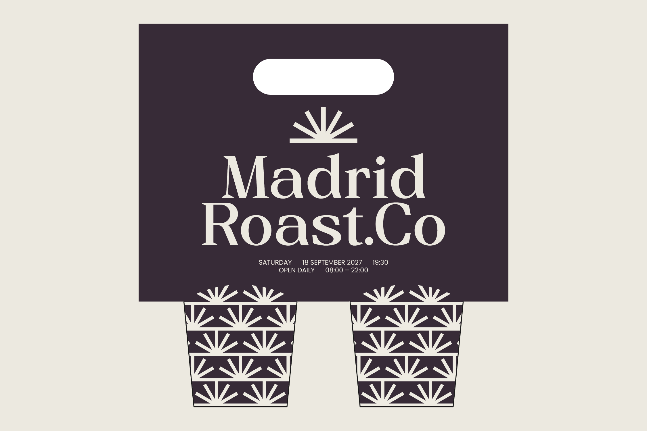 Coffee shop branded shopping bag mockup for Madrid Roast Co with geometric sunburst pattern