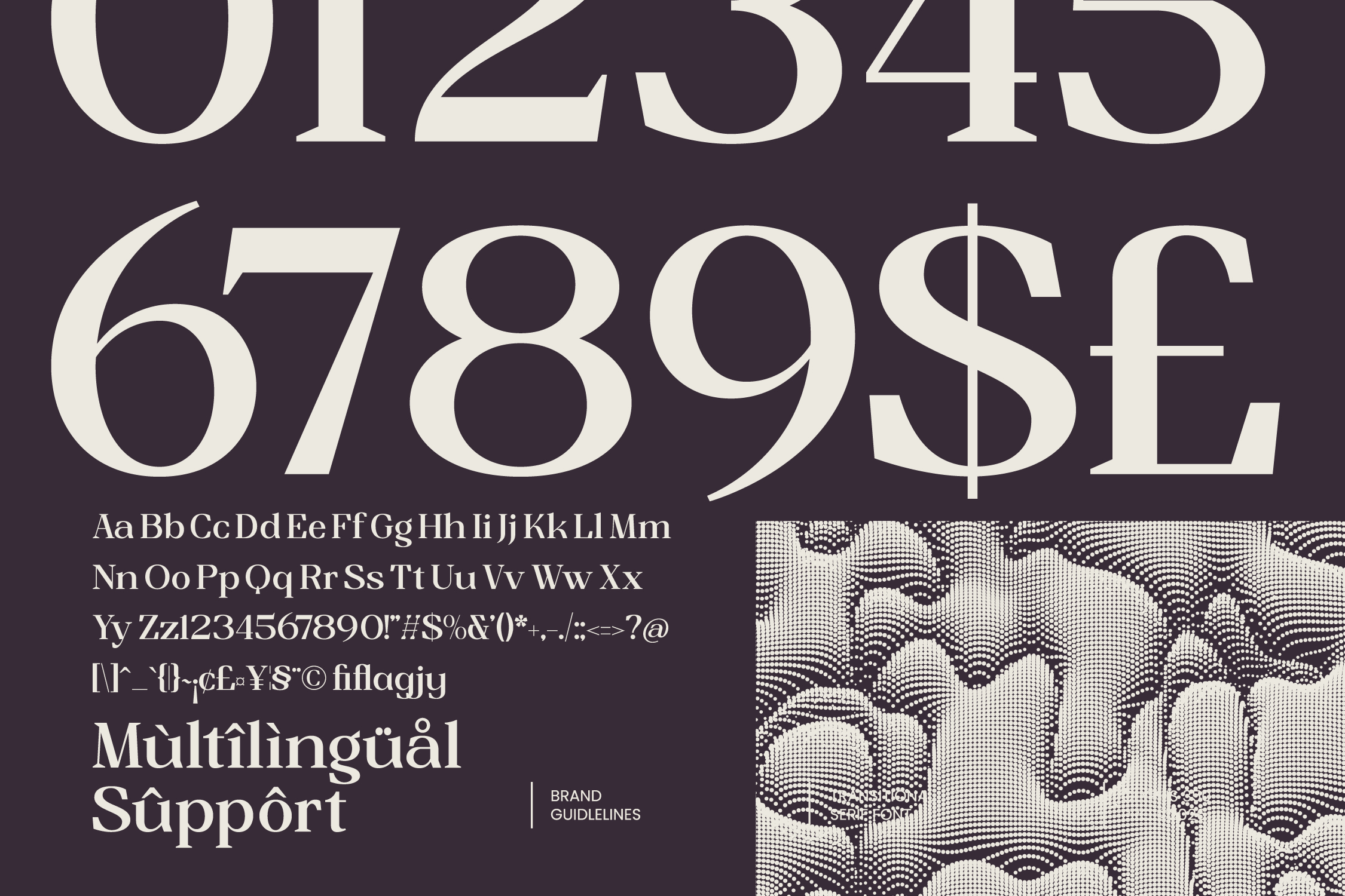 Serif typeface specimen displaying multilingual character set with wavy halftone texture pattern