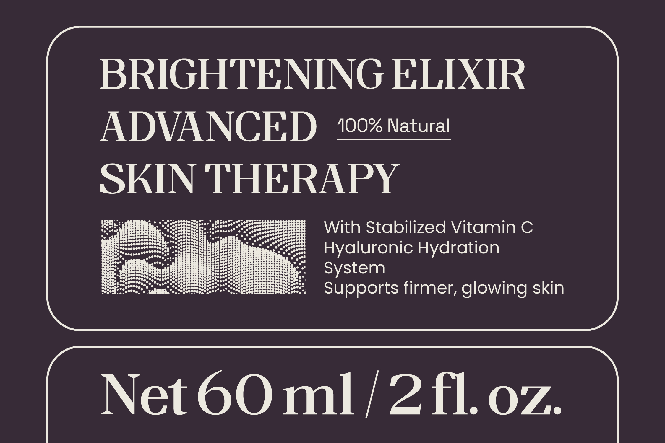 Skincare product label for brightening elixir with vitamin C, hyaluronic hydration system on dark background