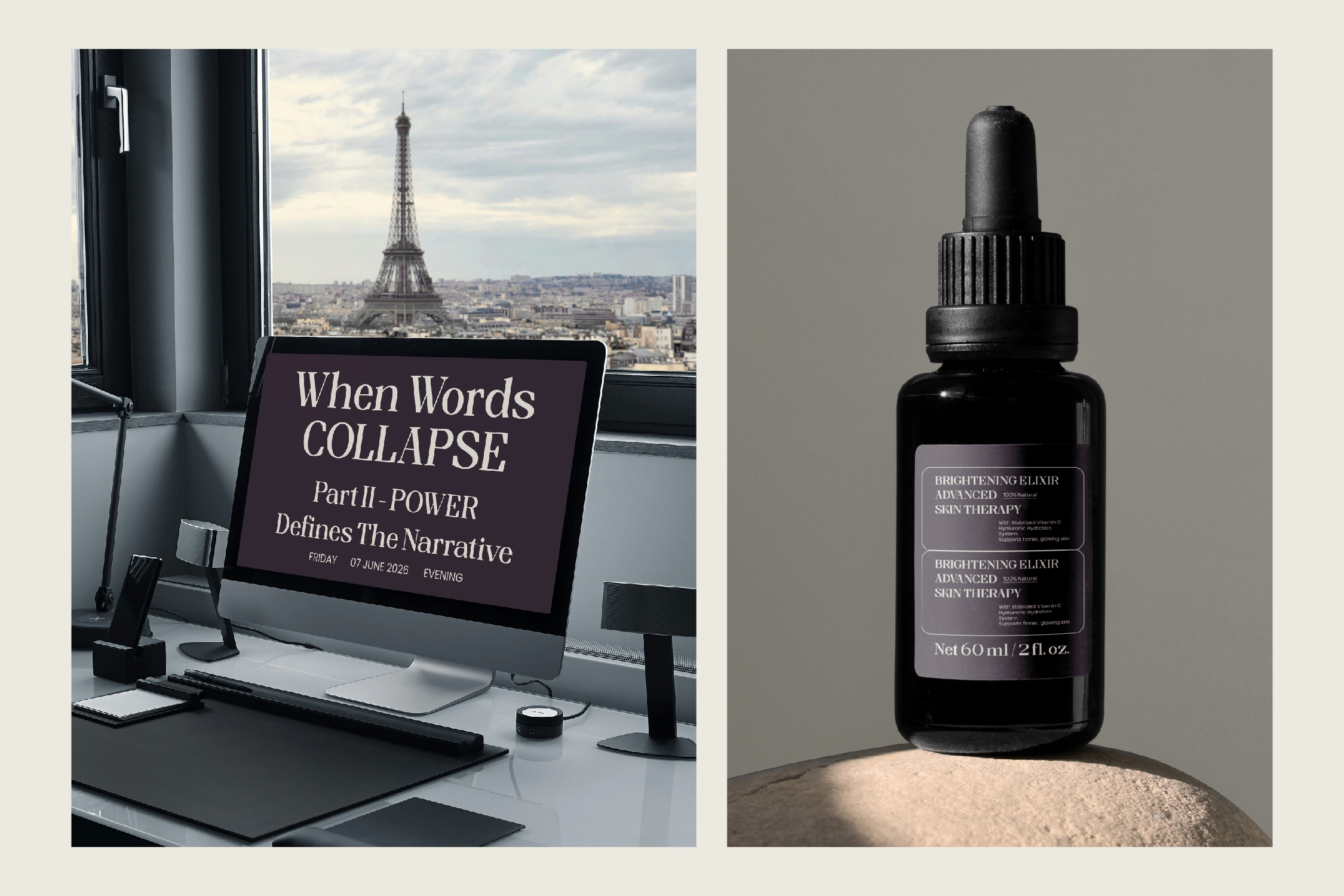 Split mockup with desktop screen displaying typography, Paris skyline view, serum bottle product shot