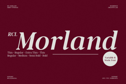 RCL Morland serif typeface cover on burgundy background with multiple weight variations