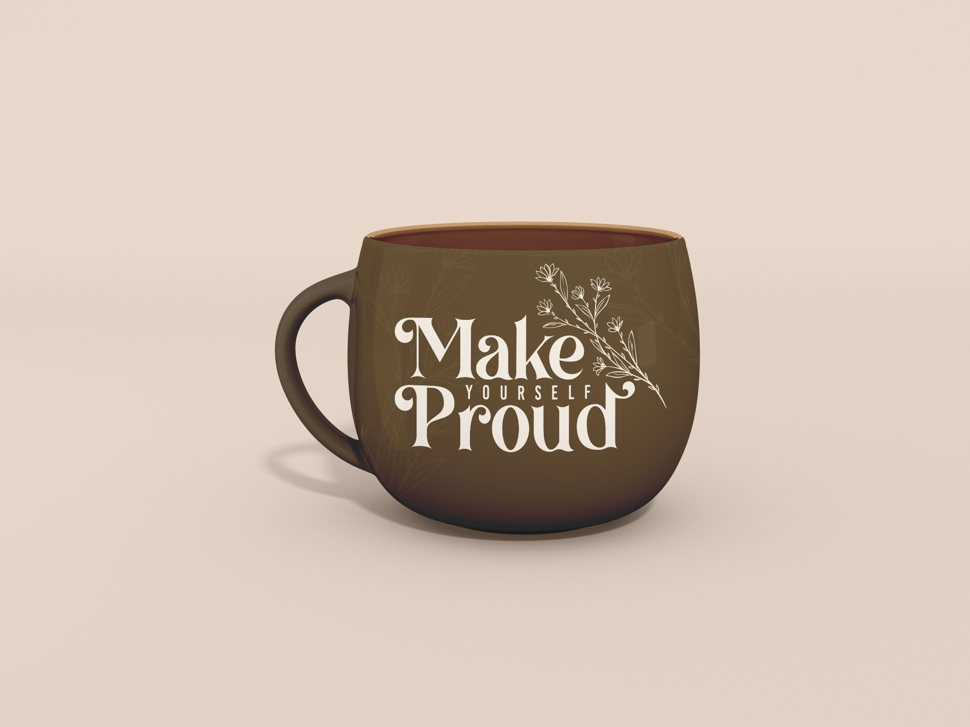 Brown ceramic mug mockup with Make Yourself Proud engraved text