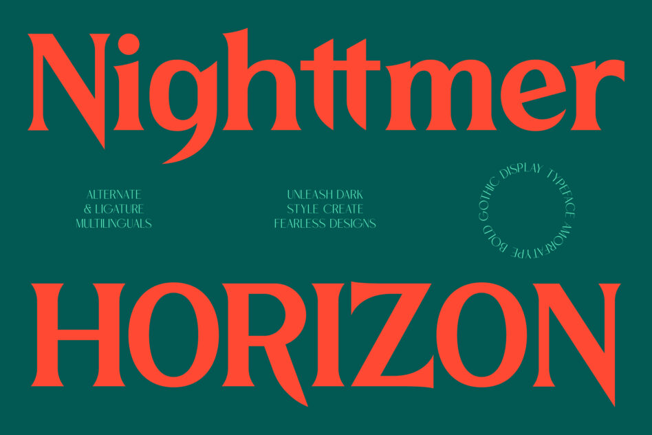 Nighttimer Horizon typeface in coral red on dark teal with feature descriptions below