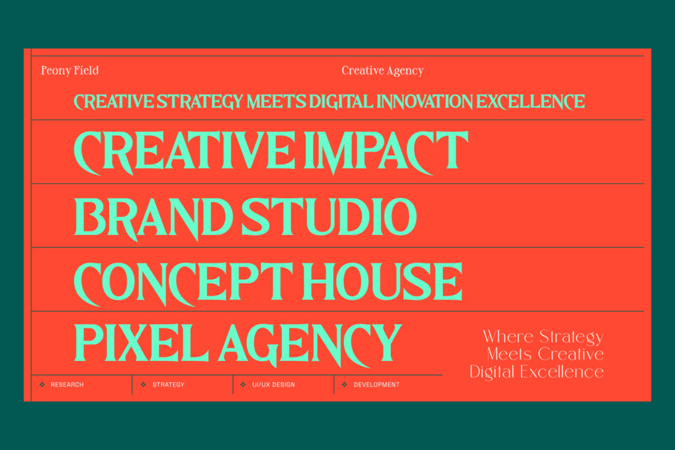 Red banner on teal background with cyan text reading Creative Impact Brand Studio Pixel Agency