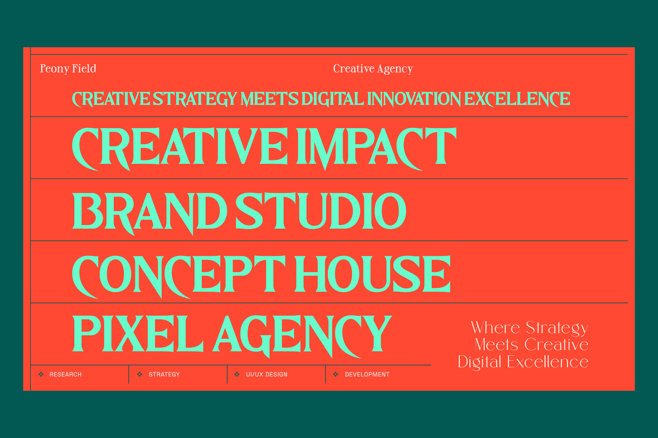 Red banner on teal background with cyan text reading Creative Impact Brand Studio Pixel Agency