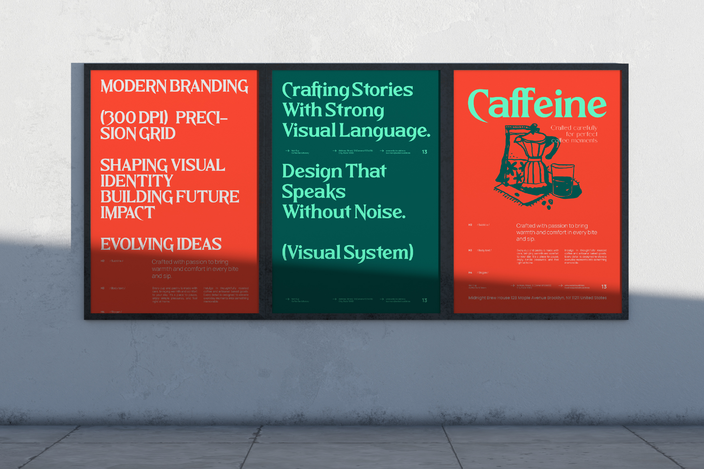 Three framed posters on gallery wall in red, teal, coral with bold typography about branding design