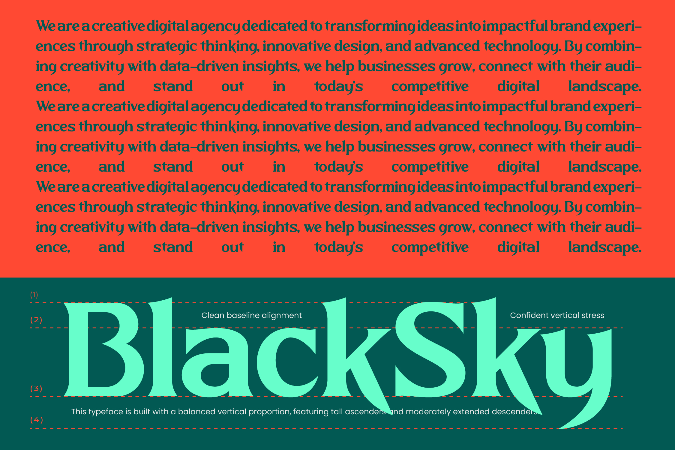 BlackSky typeface specimen showing large cyan letters on dark teal with baseline alignment notes
