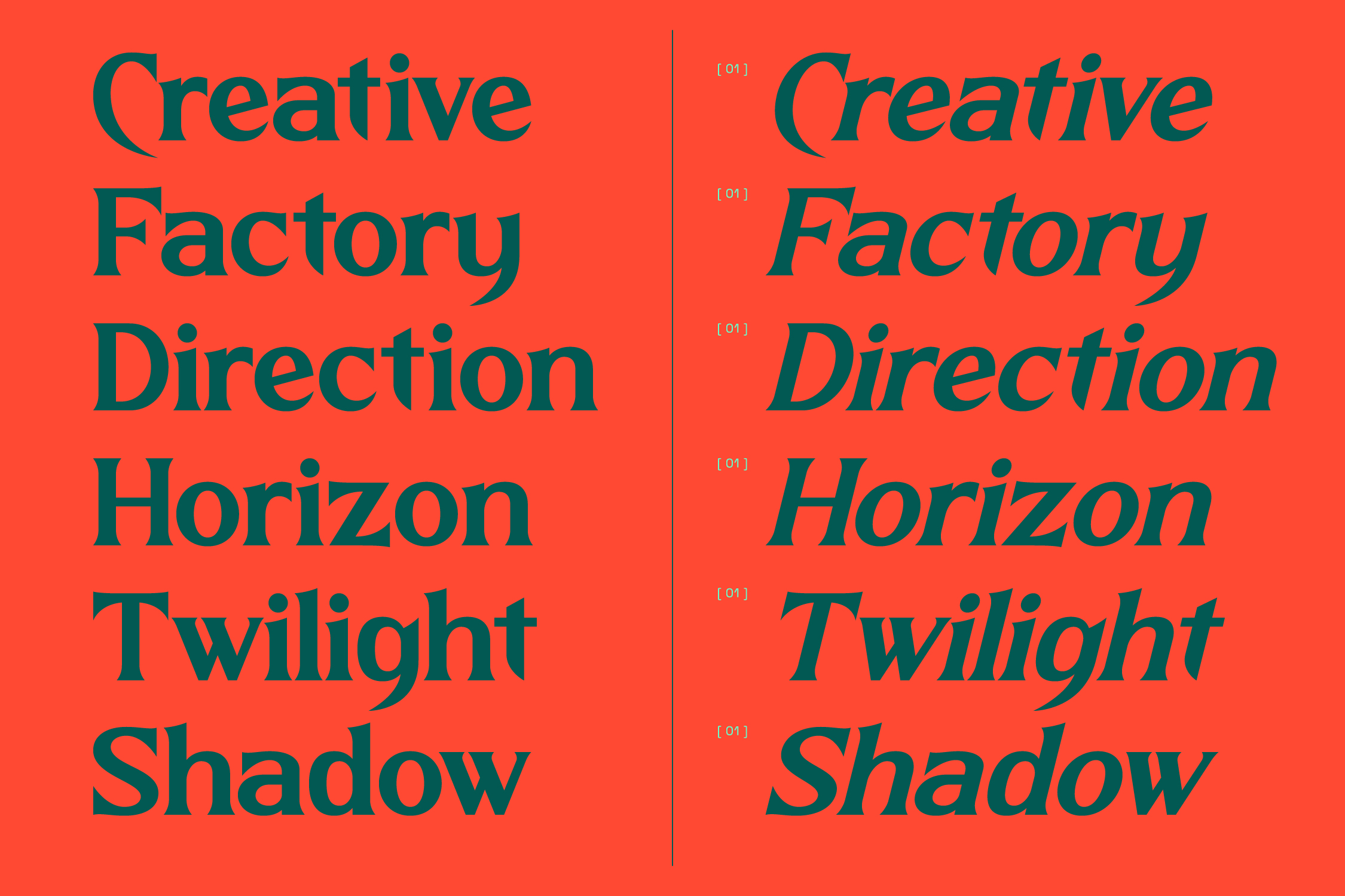 Creative Factory Direction serif font displayed in teal on coral background