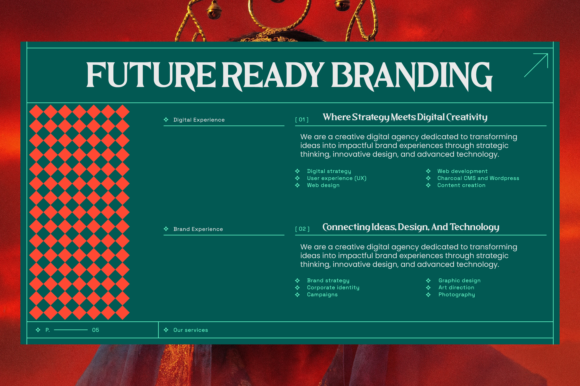 Future Ready Branding template on red background with diamond pattern teal panel