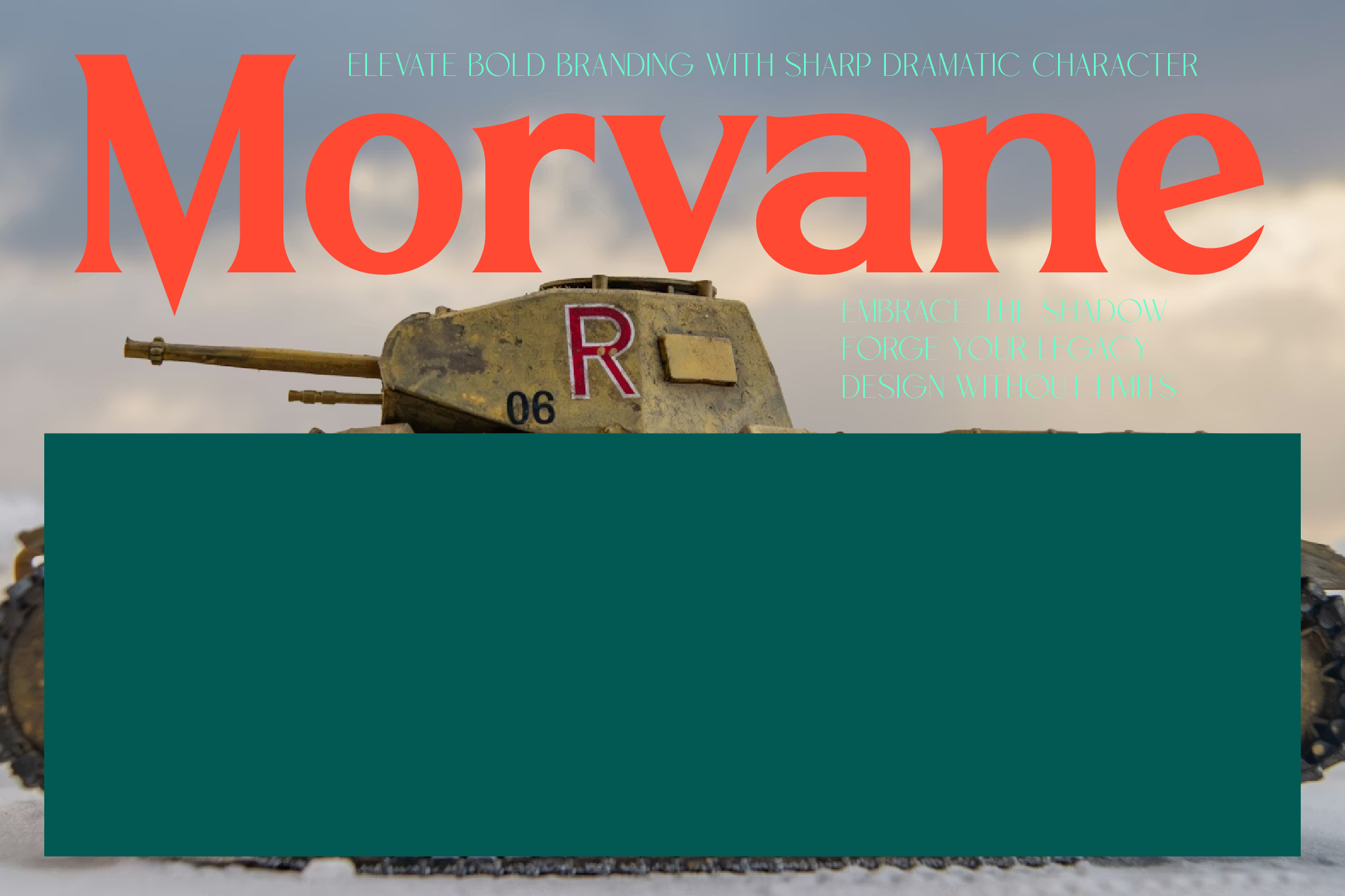 Morvane typeface overlay on military tank image with teal color block