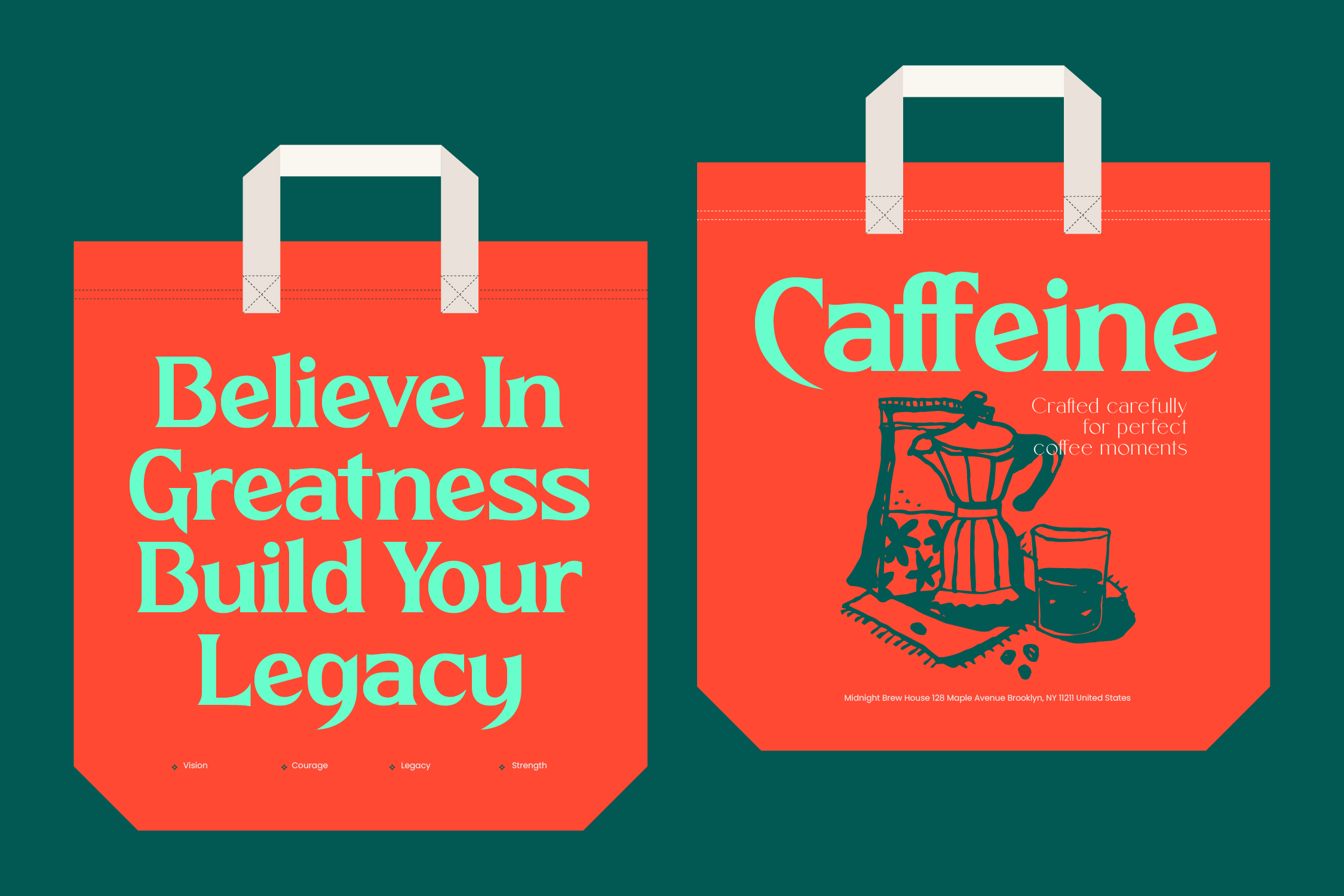 Red shopping bag mockup designs with teal handles turquoise text print