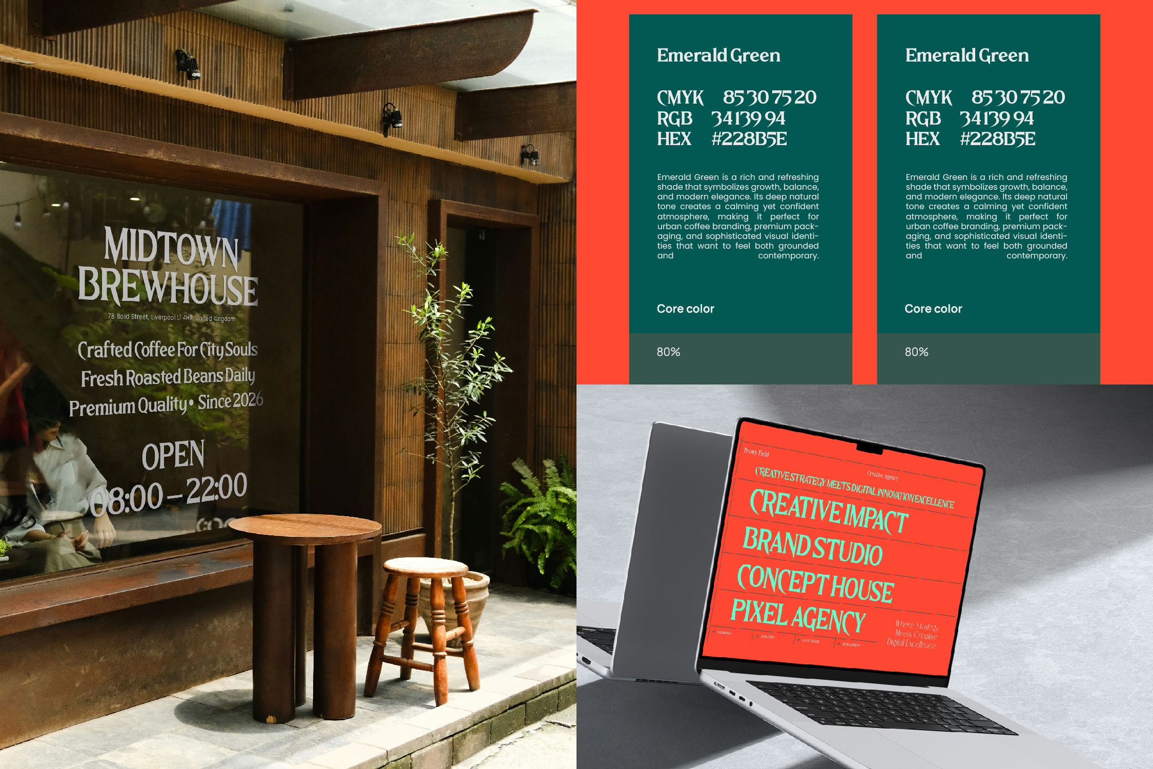 Coffee shop branding mockup with emerald green color palette on laptop screen
