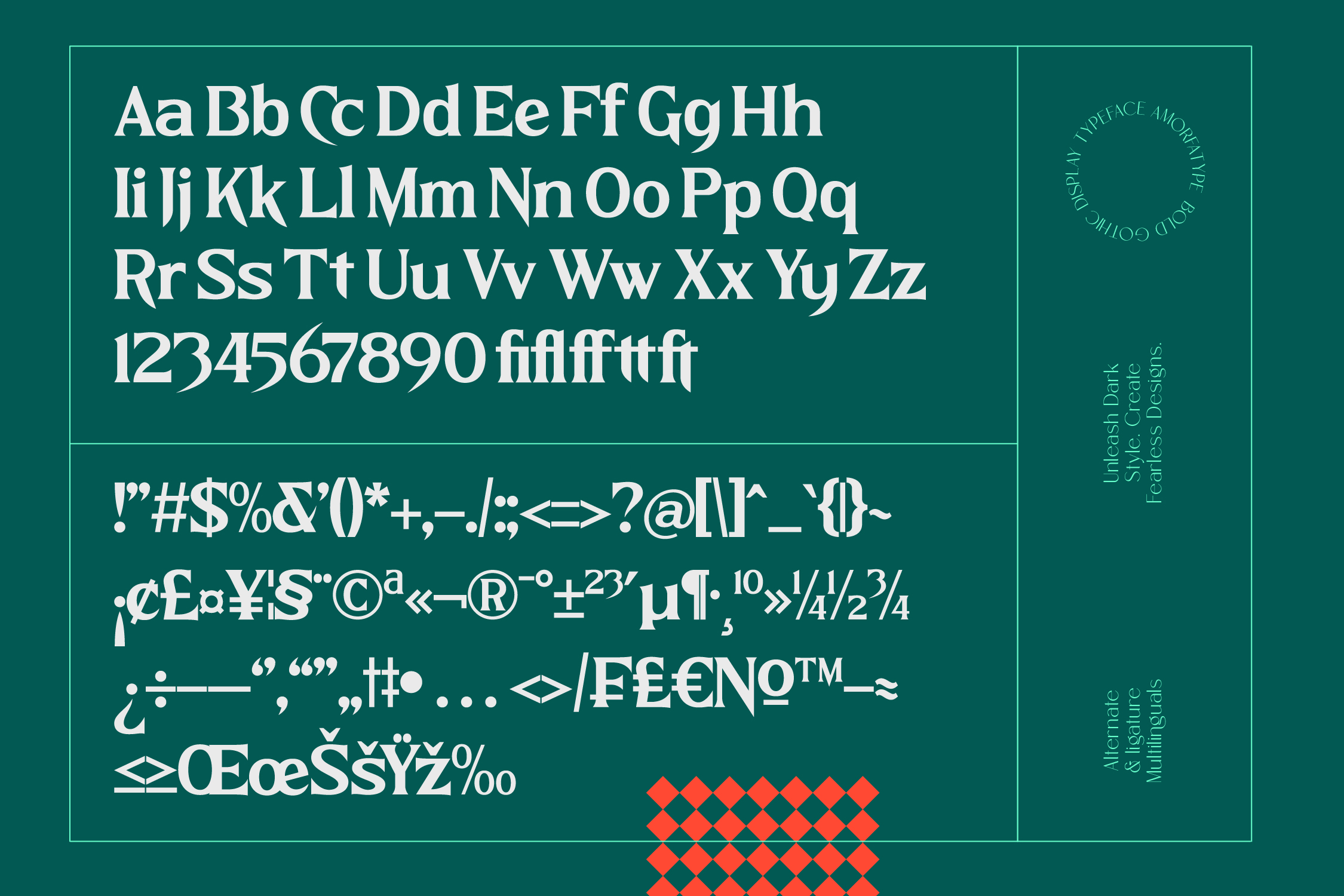 Complete character set for serif font with numbers symbols ligatures on teal
