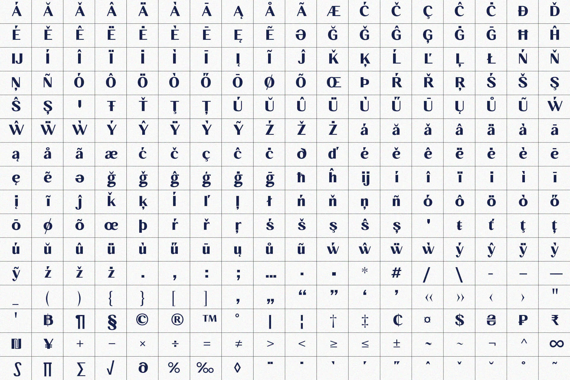 # Character set showing extended Latin letters with diacritics, symbols, currency marks, punctuation in navy typeface