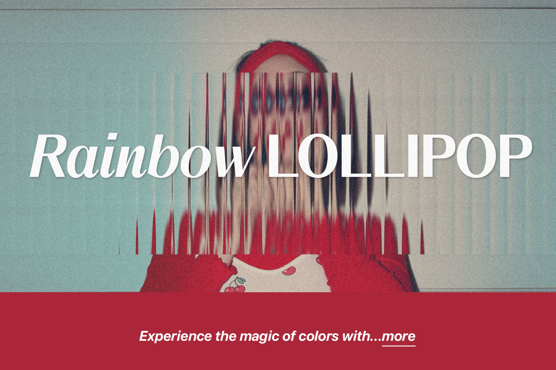 Double exposure portrait with red headphones, sound waves, teal to cream gradient background