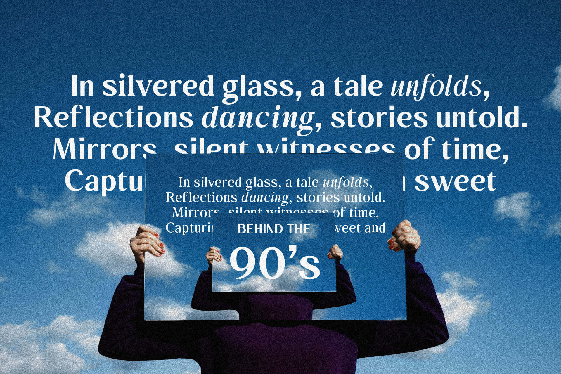 Figure holding mirrored glass panel with poetic text overlay against blue sky backdrop