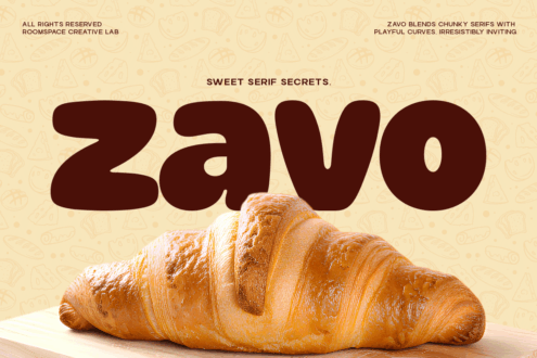 Golden croissant photo with large ZAVO typography, serif font display sample