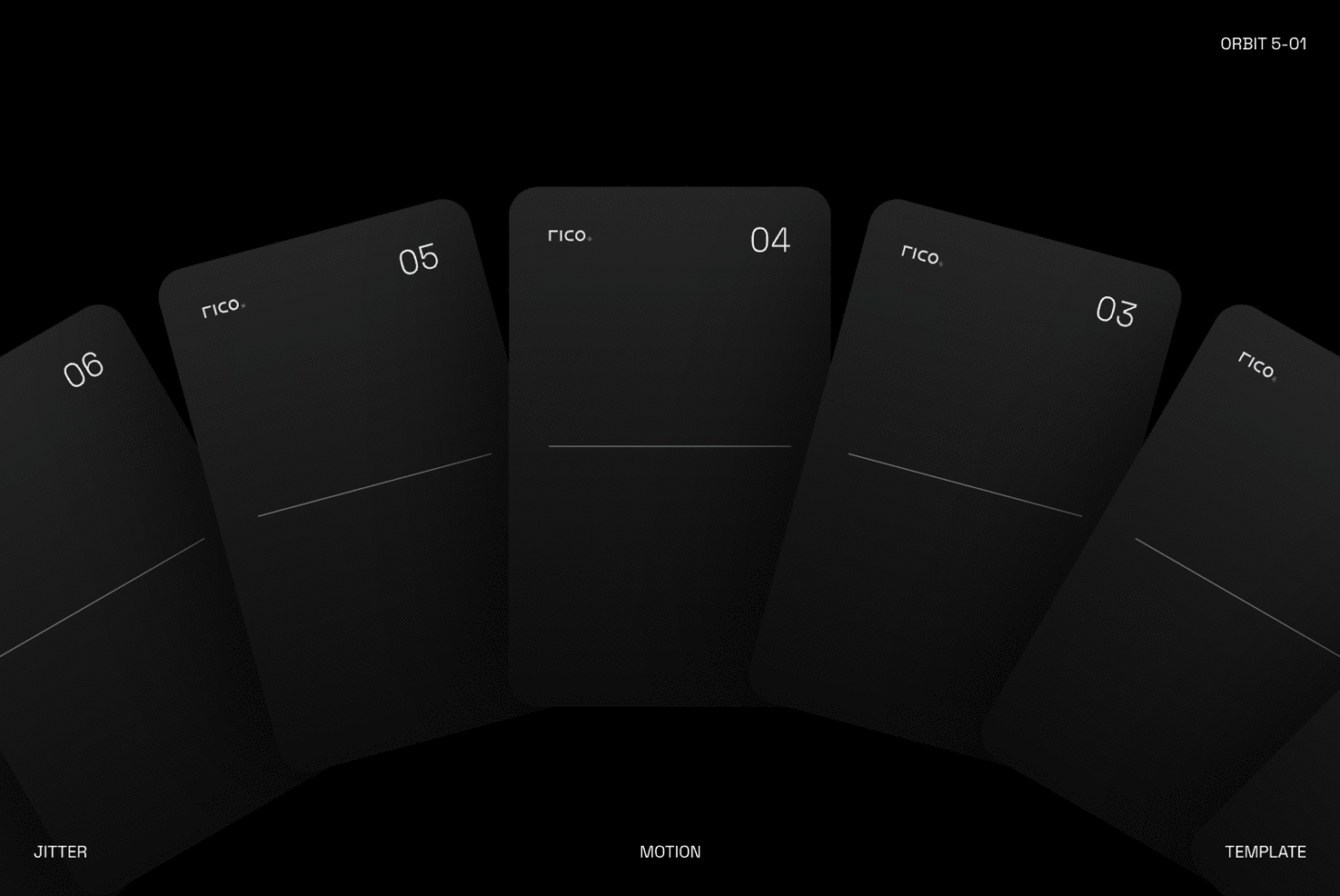 Six dark app screens fanned out showing Rico branding with minimal line details