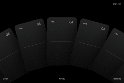 Six dark app screens fanned out showing Rico branding with minimal line details