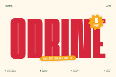 Odrive condensed sans font specimen red letters with 16 weights label, yellow badge accent