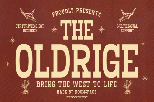 Oldridge typeface specimen burgundy background cream letters longhorn skulls prairie