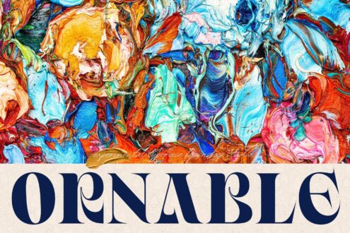 Vibrant abstract paint swirls in blue, orange, pink, red with navy serif typography below