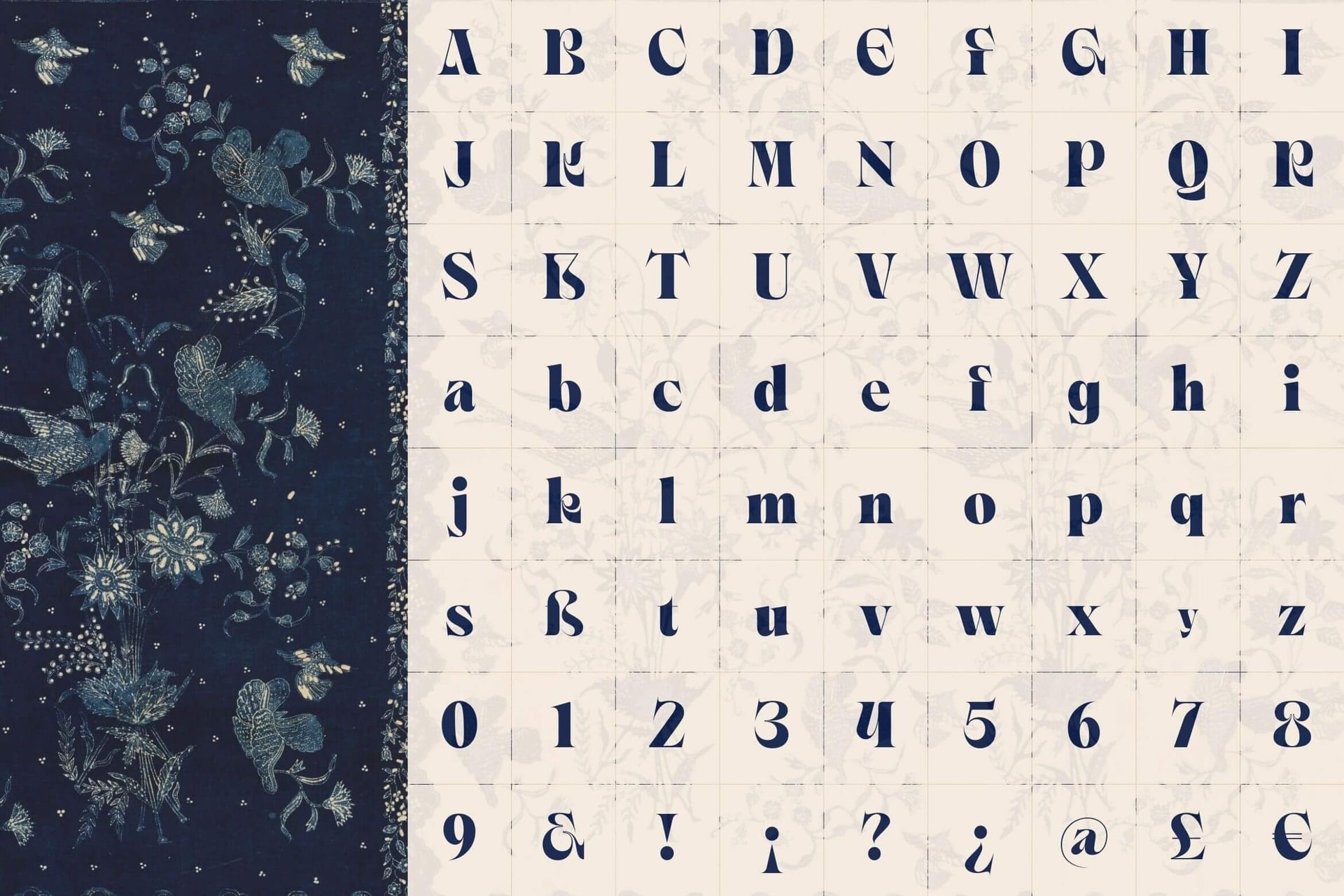 Font specimen showing uppercase, lowercase, numbers, plus punctuation in deep navy on cream grid paper with botanical fabric swatch