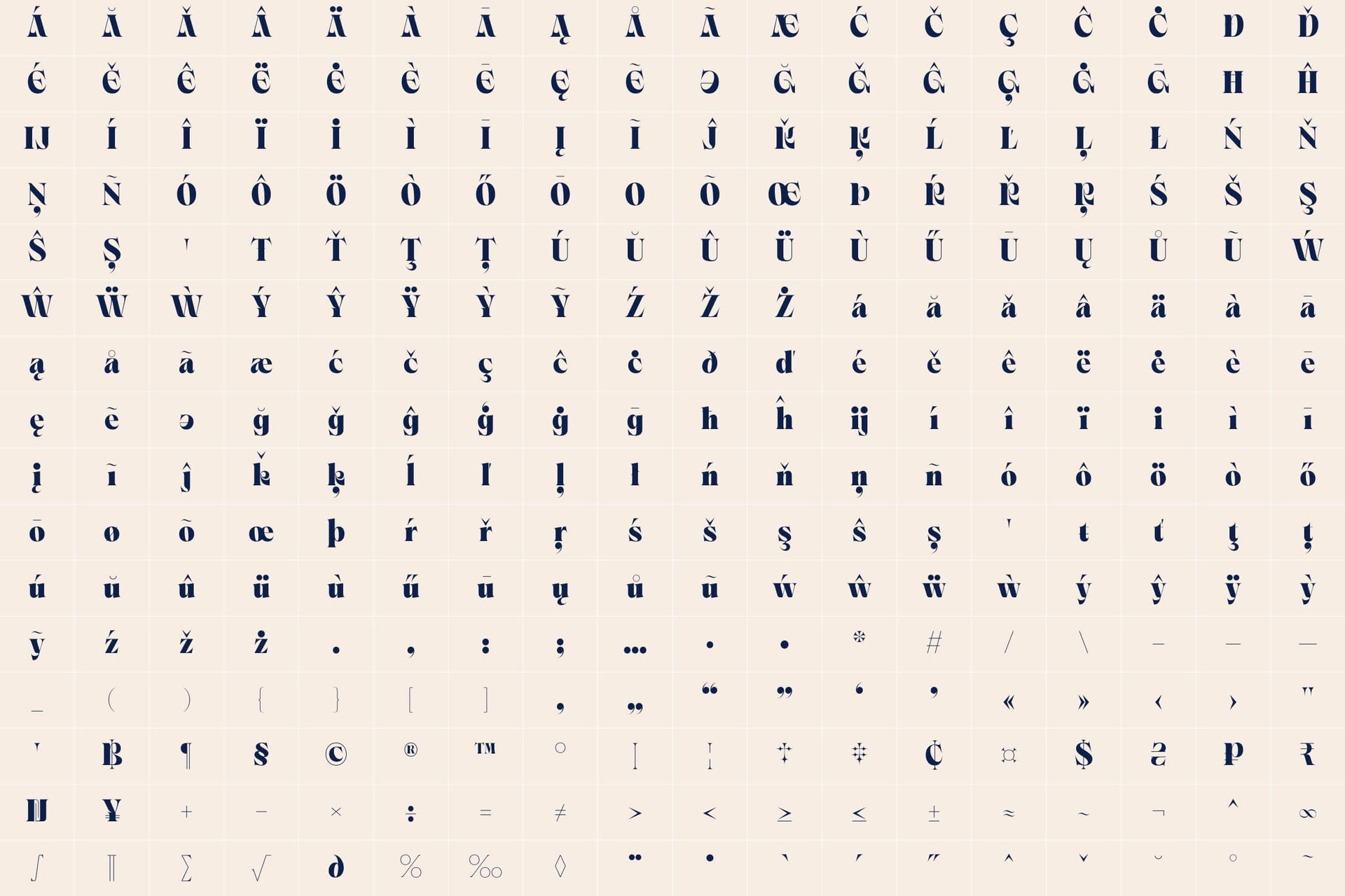 Elegant serif font with extensive diacritical marks, accents, ligatures for multilingual design work