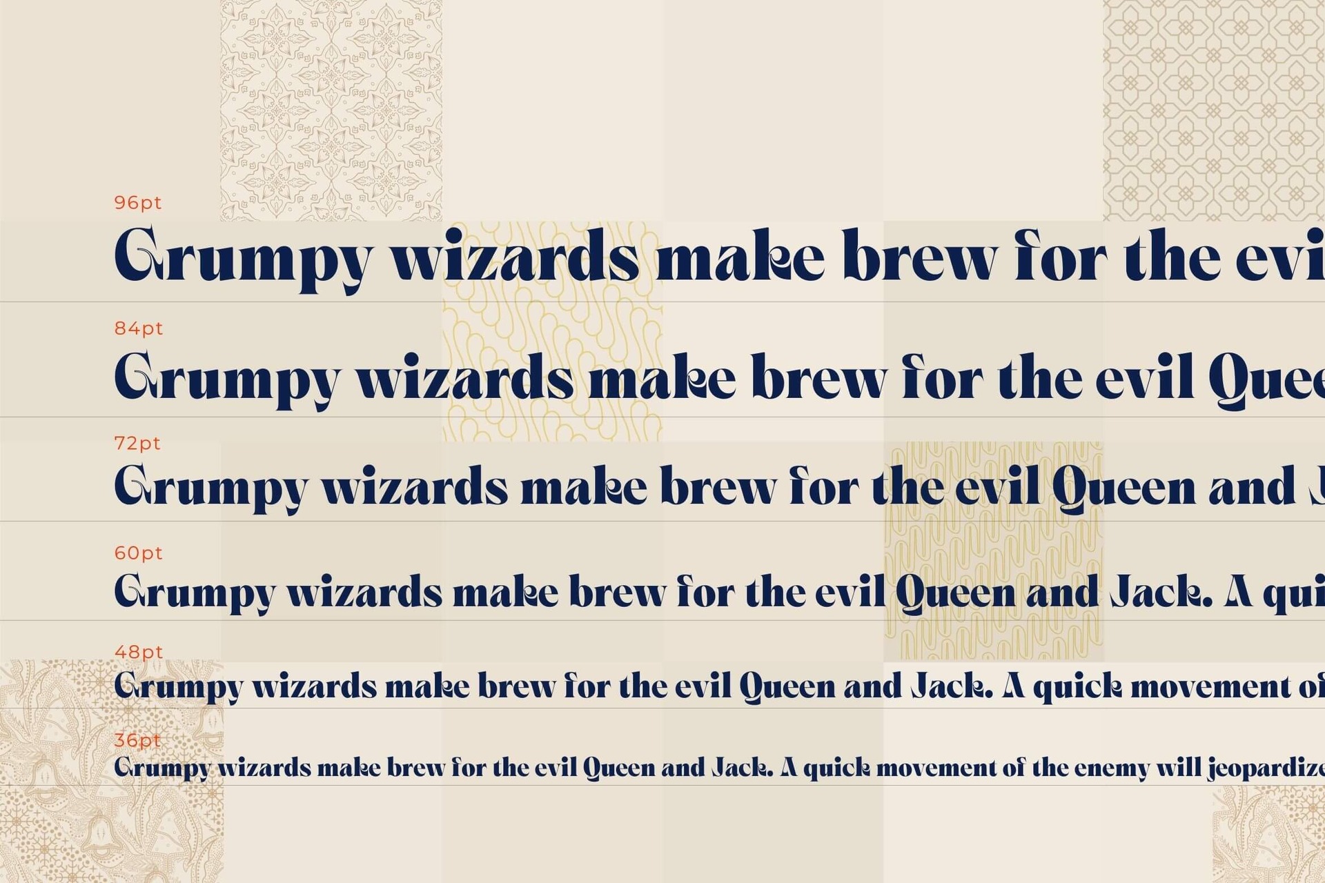 Font size display showing serif typeface in navy blue at 96pt, 84pt, 72pt, 60pt, 48pt, 36pt with ornamental patterns