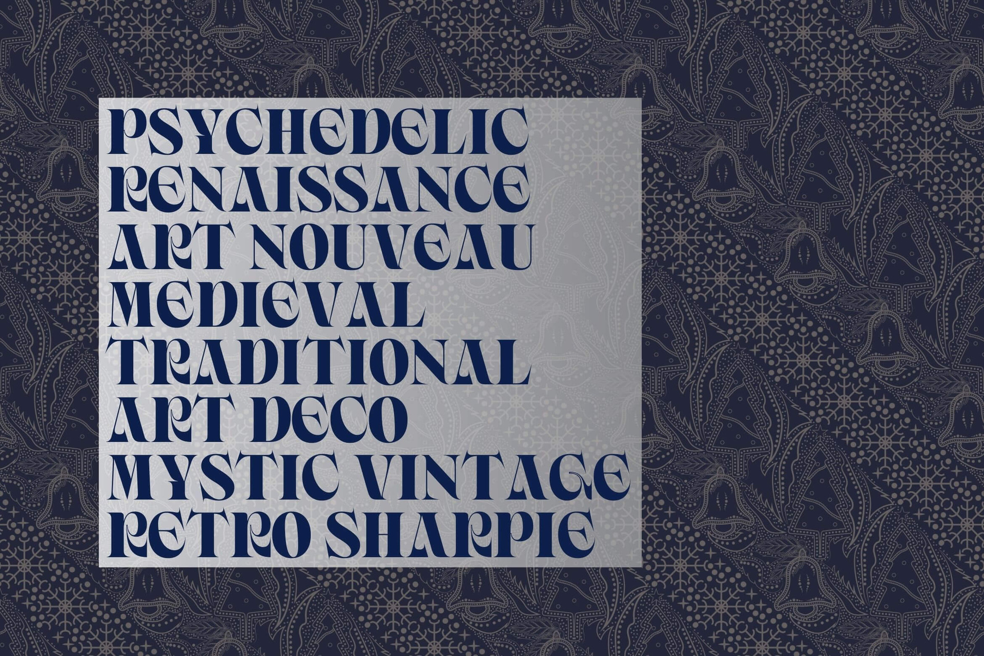 Bold serif typeface specimen with stacked layout over ornate damask pattern background