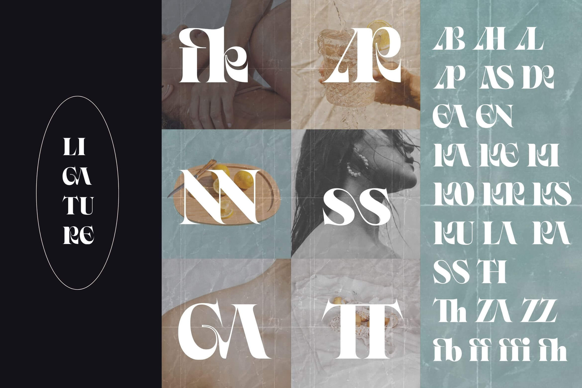 Serif font specimen showing elegant letterforms with dreamy photo collage overlay of hands, portraits, textures