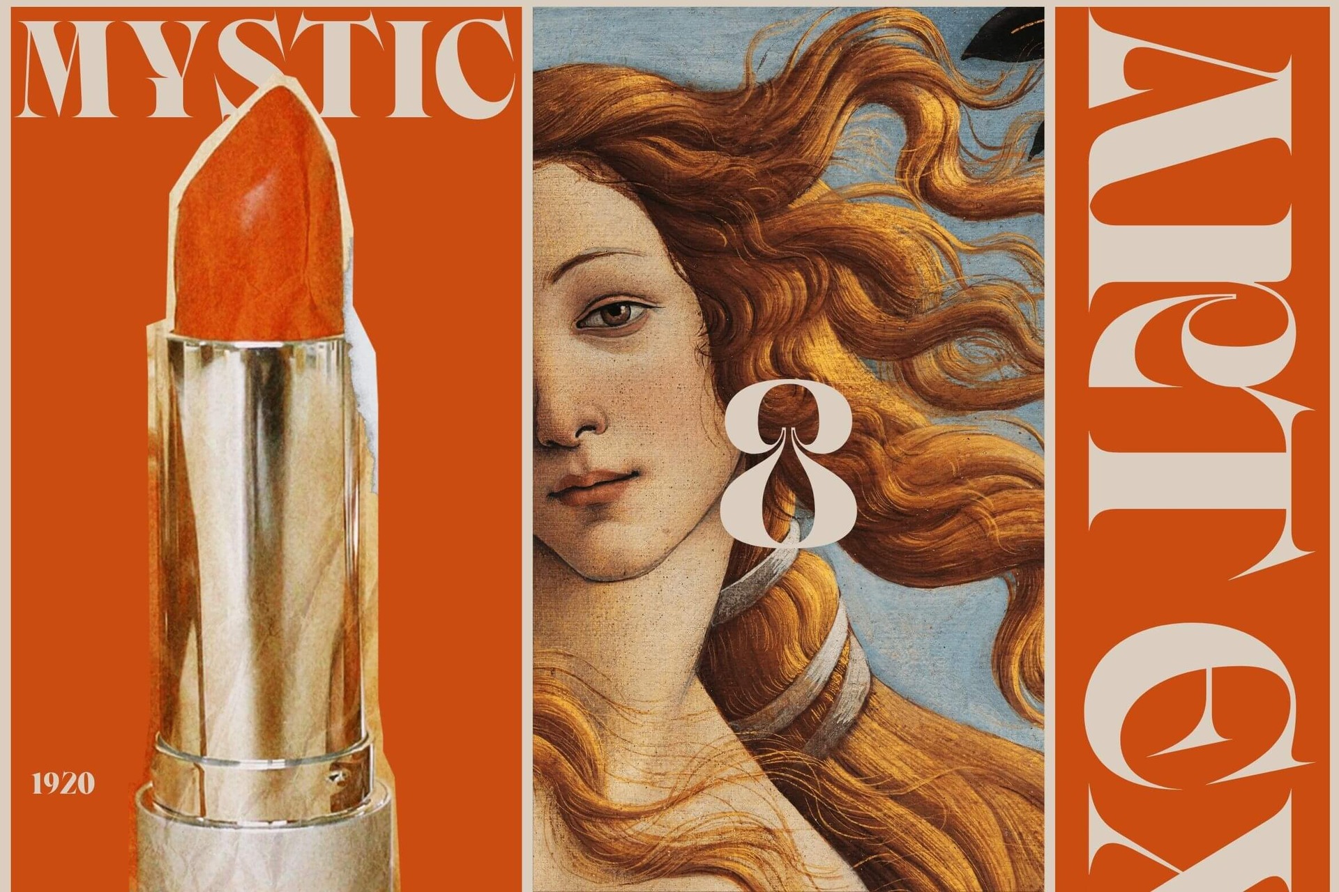 Vintage-style collage mixing 1920s lipstick, Renaissance portrait, geometric earrings on burnt orange