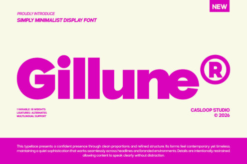 Gillune display font in bold magenta with 18 weights shown on cream background