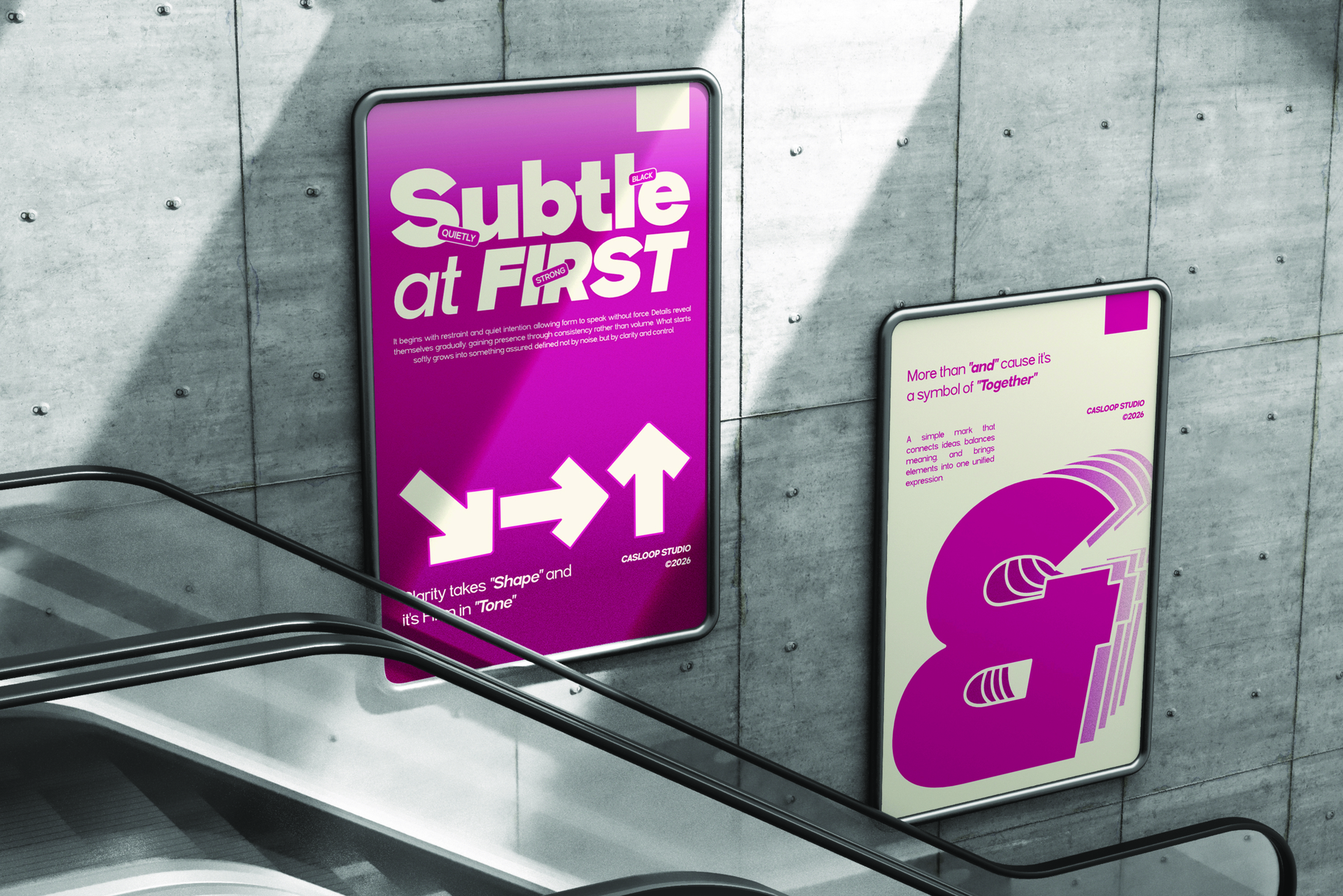 Bright magenta poster mockup with bold typography about subtlety, displayed on concrete wall with cable