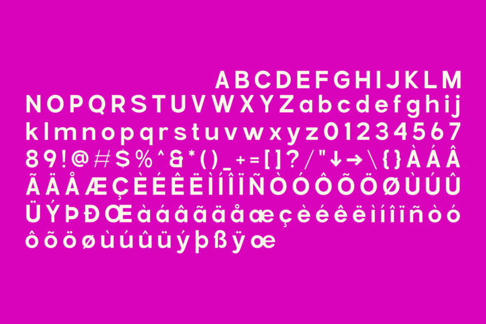 Bright magenta background showing full character set of modern sans serif font with accents