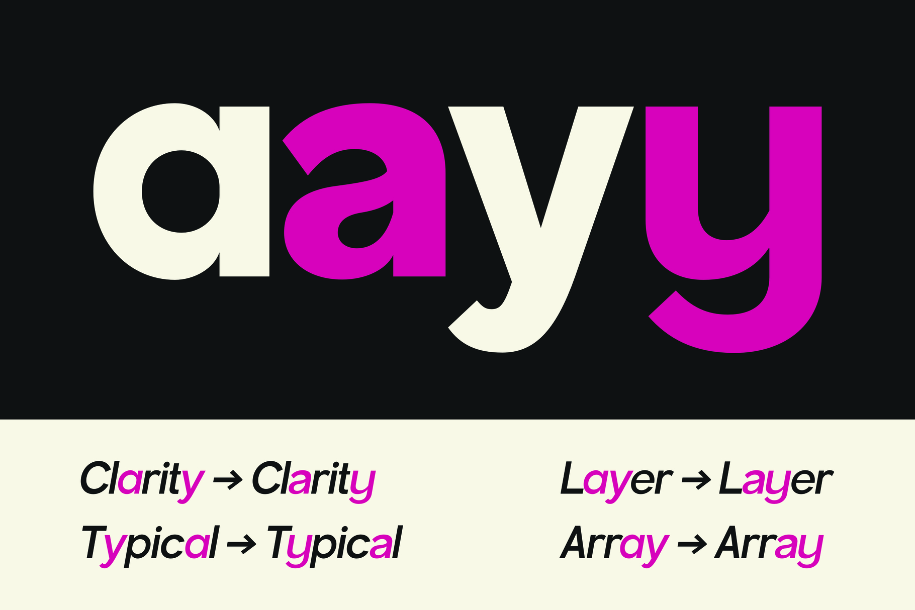 Bold geometric font mixing cream with hot pink, showing character alternates below